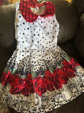 Girls White Polka Dot Dress with Red Rose Print and Peter Pan Collar